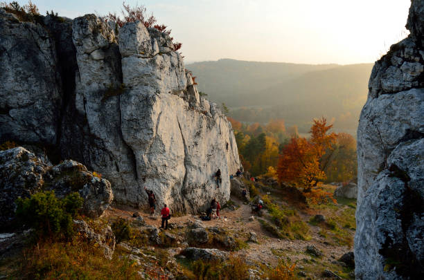 Beautiful colors of Polish autumn combined with the setting sun. Jurassic climbing region. Sport, climbing.