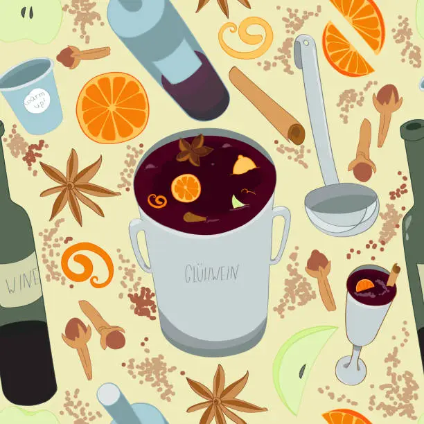 Vector illustration of Mulled wine seamless pattern.