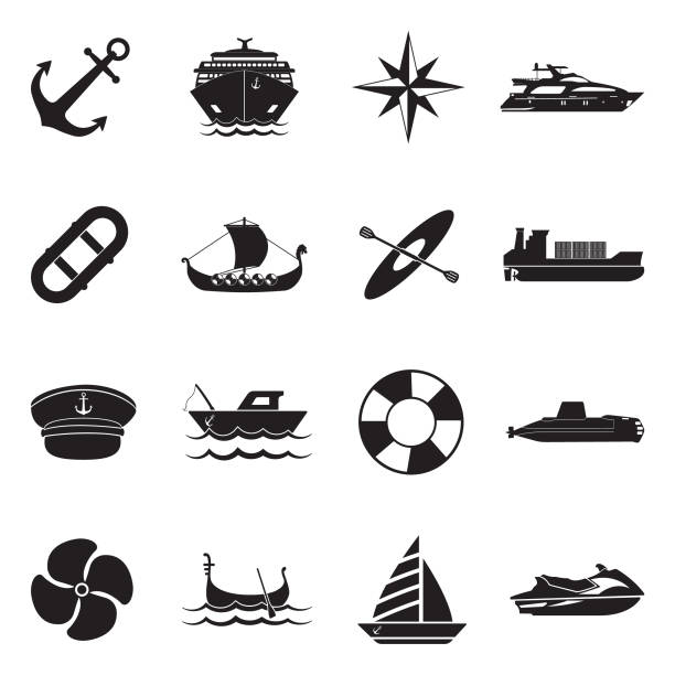 ilustrações, clipart, desenhos animados e ícones de navios, barcos e náuticas ícones. projeto liso preto. ilustração em vetor. - vela peça de embarcação