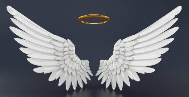 alas de ángel y halo dorado aislado en negro - aureola símbolo conceptual fotografías e imágenes de stock