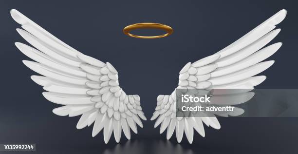 Angel Wings And Golden Halo Isolated On Black Stock Photo - Download Image Now - Angel, Halo - Symbol, Animal Wing