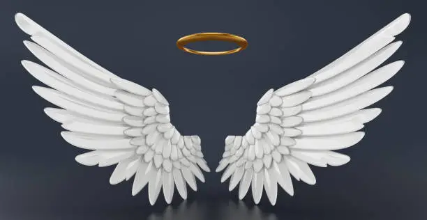 Photo of Angel wings and golden halo isolated on black