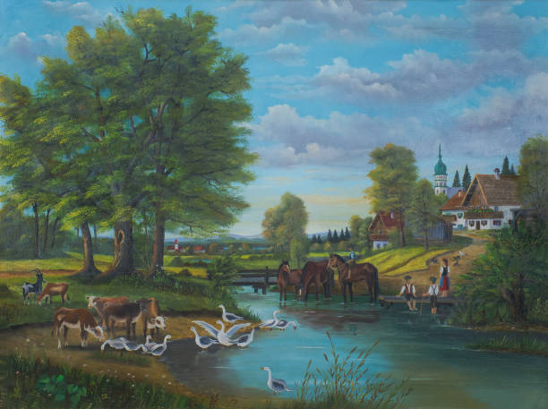 malowanie życia nad rzeką na skraju wsi - waters edge illustrations stock illustrations