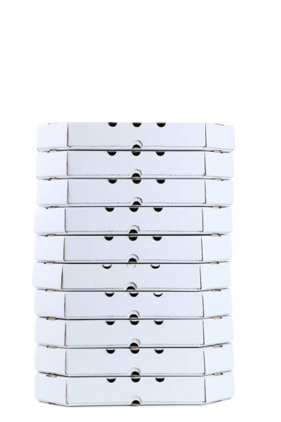 Stack of pizza boxes isolated on white background stock photo