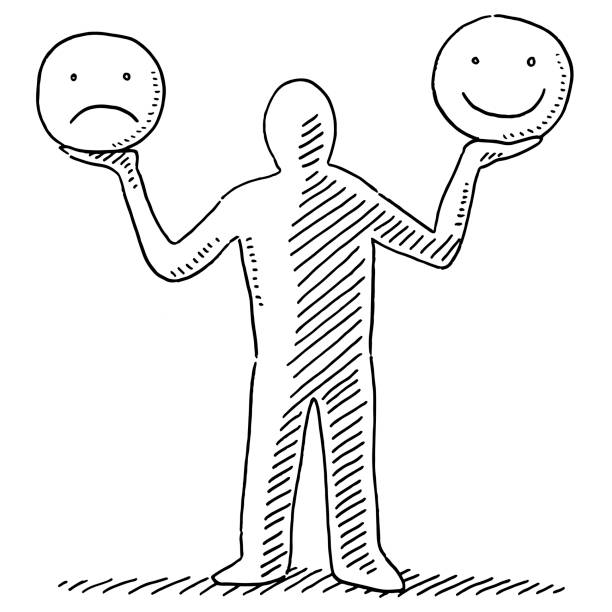 Human Figure Holding Happy And Sad Smiley Faces Drawing Hand-drawn vector drawing of a Human Figure Holding a Happy And a Sad Smiley Face in each hand. Black-and-White sketch on a transparent background (.eps-file). Included files are EPS (v10) and Hi-Res JPG. happiness drawings stock illustrations