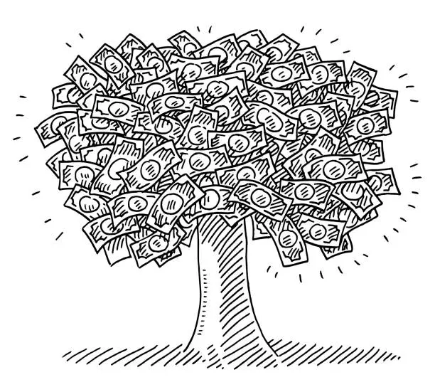 Vector illustration of Money Tree Full Of Banknotes Drawing