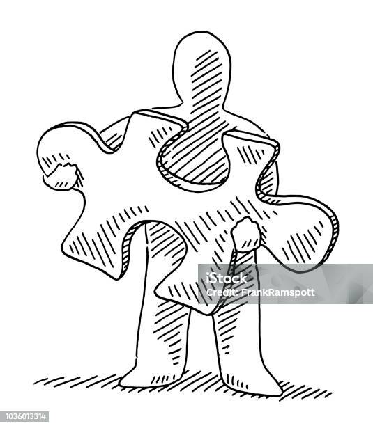 Human Figure Holding Jigsaw Piece Drawing Stock Illustration - Download Image Now - Jigsaw, Sketch, Abstract