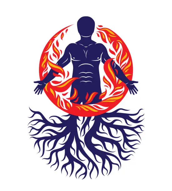 Vector illustration of Vector illustration of human being created with tree roots. Human and nature harmony, fire man covered with a fireball.