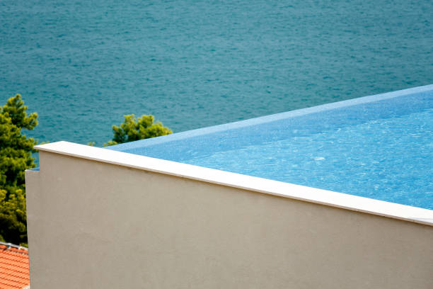 istock Infinity swimming pool and blue sea abstract background 1036020548