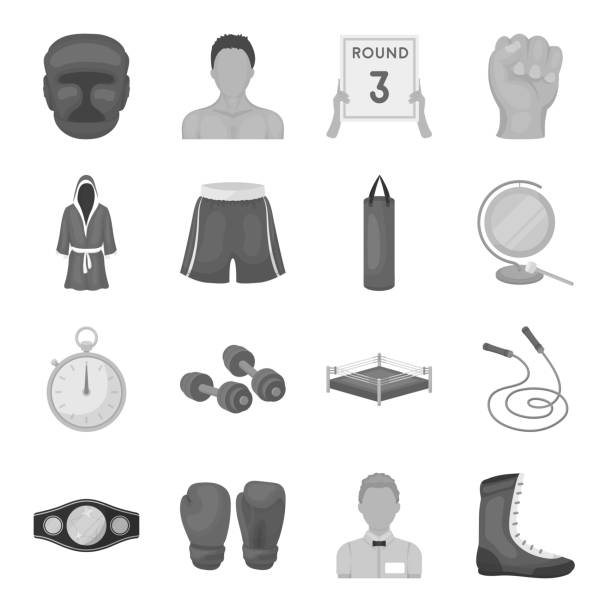 ikon monokrom olahraga ekstrem tinju dalam koleksi set untuk desain. petinju dan atribut vektor simbol stock web ilustrasi. - jubah-tinju ilustrasi stok