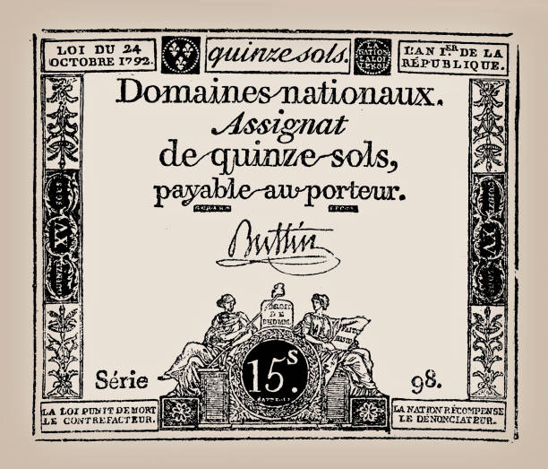 ilustrações de stock, clip art, desenhos animados e ícones de 1792 - french revolution assignat - 15 sols - antique paper banknote money issued by national assembly - made in paris, france - currency - get in touch