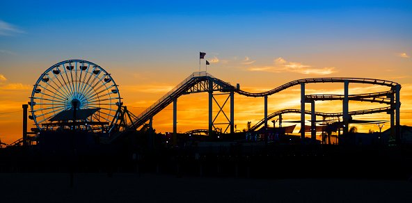 Silhouette of the Pacific Park at the famous Santa Monica Pier, California, USA. Nikon D850. Converted from RAW.