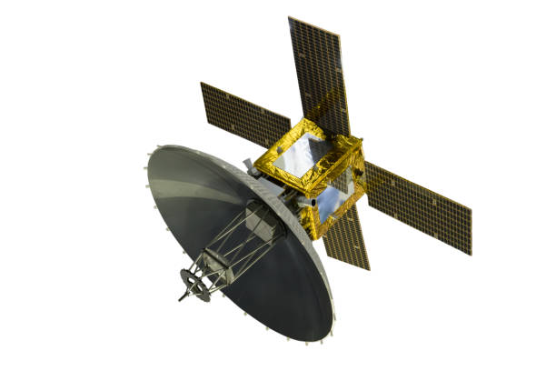 satellite con pannelli solari, isolato su sfondo bianco. - antenna parabolica foto e immagini stock