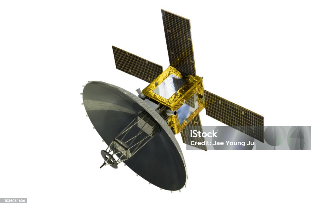Satellite with solar panels, isolated on white background. Satellite Stock Photo