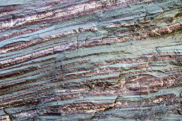 minerale di ferro fasciato grezzo in strati sedimentari di roccia - roccia sedimentaria foto e immagini stock