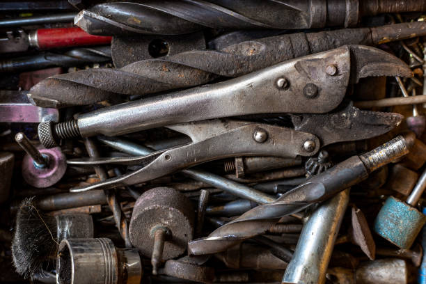 istock Background of old lock wrench and other DIY tools. 1036071150