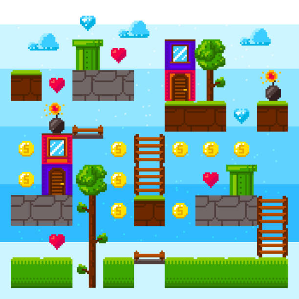 Pixel video game interface Pixel video game interface. Arcade vintage game. Pixel element foe retro game design. Day level. Pixel game blocks. construction platform illustrations stock illustrations
