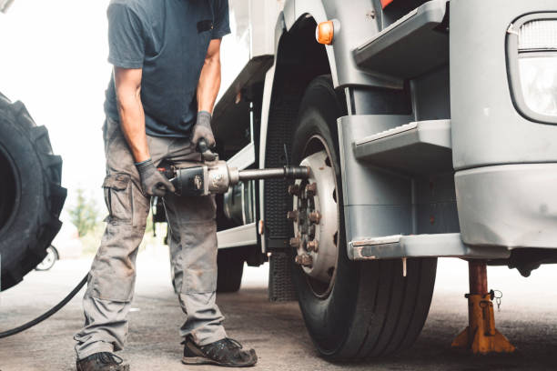 istock Slowly replacing the tire on a truck 1036071398