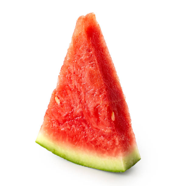 Single standing triangle of seedless watermelon isolated on white.