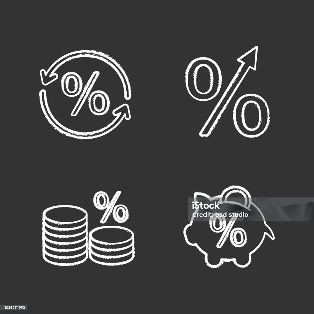 Percents icons Percents chalk icons set. Vector. Percentage rise, piggy bank, coin stack, saving money, percent conversion Chalkboard - Visual Aid stock vector