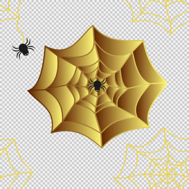 istock Seamless pattern of black spider with white eyes and yellow gold spider web on transparent background. 1036082224