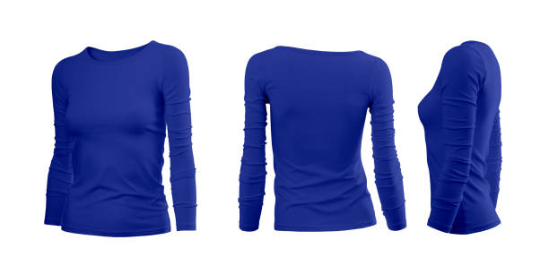 istock Blue woman's tee shirt with long sleeves in rear and side views 1036085444