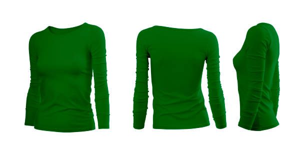 istock Green woman's tee shirt with long sleeves in rear and side views 1036085476