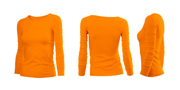 istock Orange woman's tee shirt with long sleeves in rear and side views 1036085500