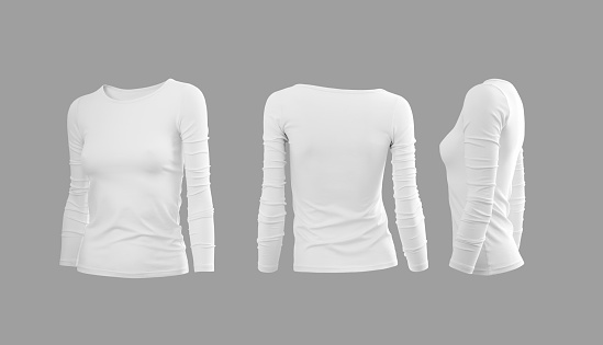 Blanco camiseta de mujer con mangas largas en las vistas laterales y traseras photo