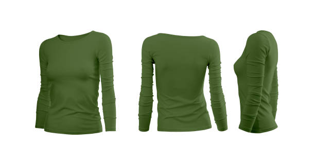 istock Khaki woman's tee shirt with long sleeves in rear and side views 1036085558