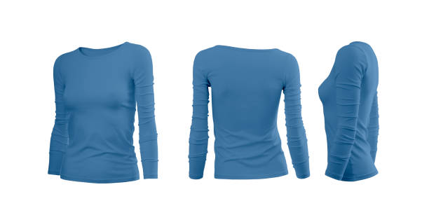 istock Light blue woman's tee shirt with long sleeves in rear and side views 1036085570