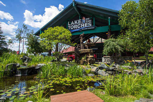 Lac Du Flambeau, Wisconsin, USA - July 19, 2018: Exterior of the tribal Lake of the Torches Casino. The casino is one of several in northern Wisconsin and is owned by the Lake Superior tribe of Chippewa Indians.