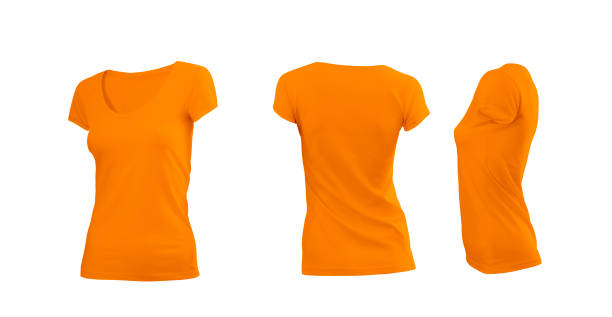 istock Orange woman's tee shirt with short sleeves in rear and side views 1036089180