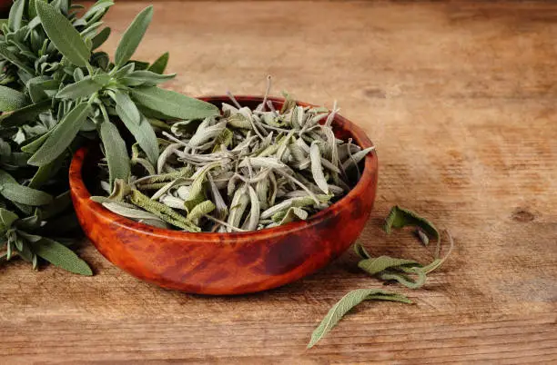 bowl with dried sage and fresh sage over wooden background