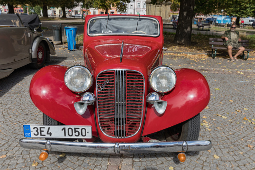VYSOKE MYTO, CZECH REPUBLIC - Sept. 09. 2018. Historical car Prag exposed car on the square in Vysoke Myto.
