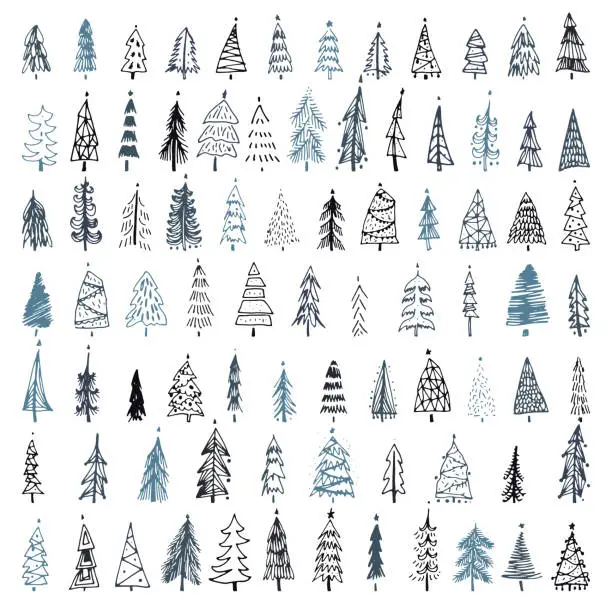 Vector illustration of Set of hand drawn Christmas tree. Holiday decoration isolated elements. Vector illustration. Use for Greeting Scrap booking, Congratulations, Invitations.