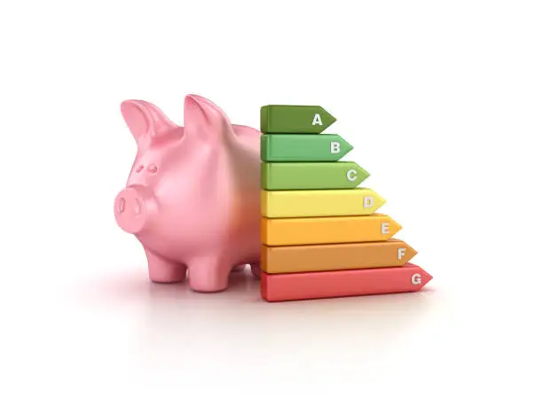 Photo of Piggy Bank with Energy Efficiency Diagram - 3D Rendering