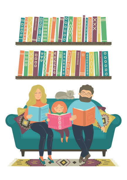 가족도 서를 읽습니다. - book sofa women bookshelf stock illustrations