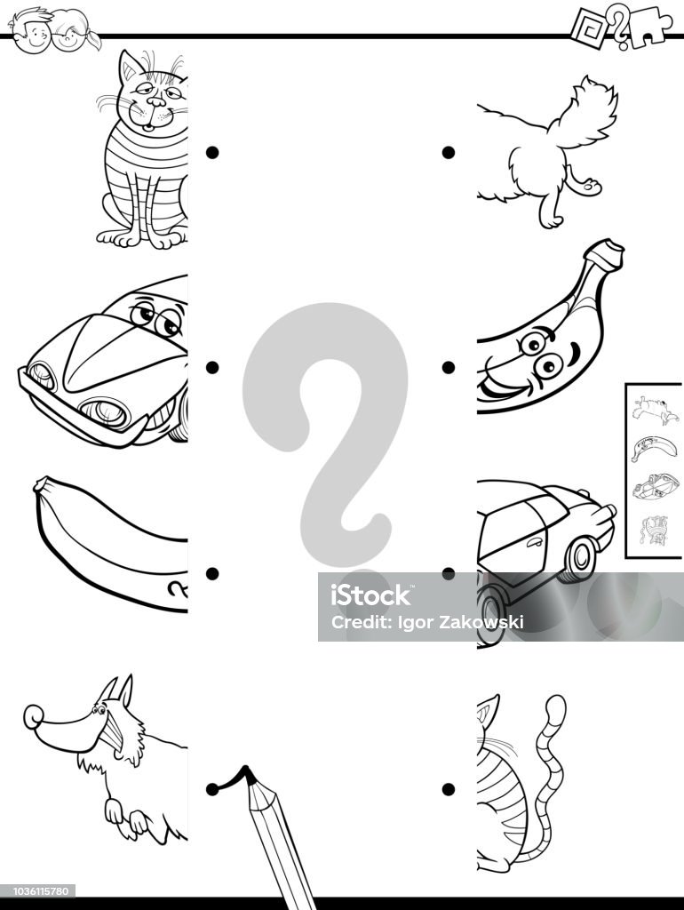 match halves of pictures game coloring book Black and White Cartoon Illustration of Educational Matching Halves of Pictures Game Coloring Book Accuracy stock vector