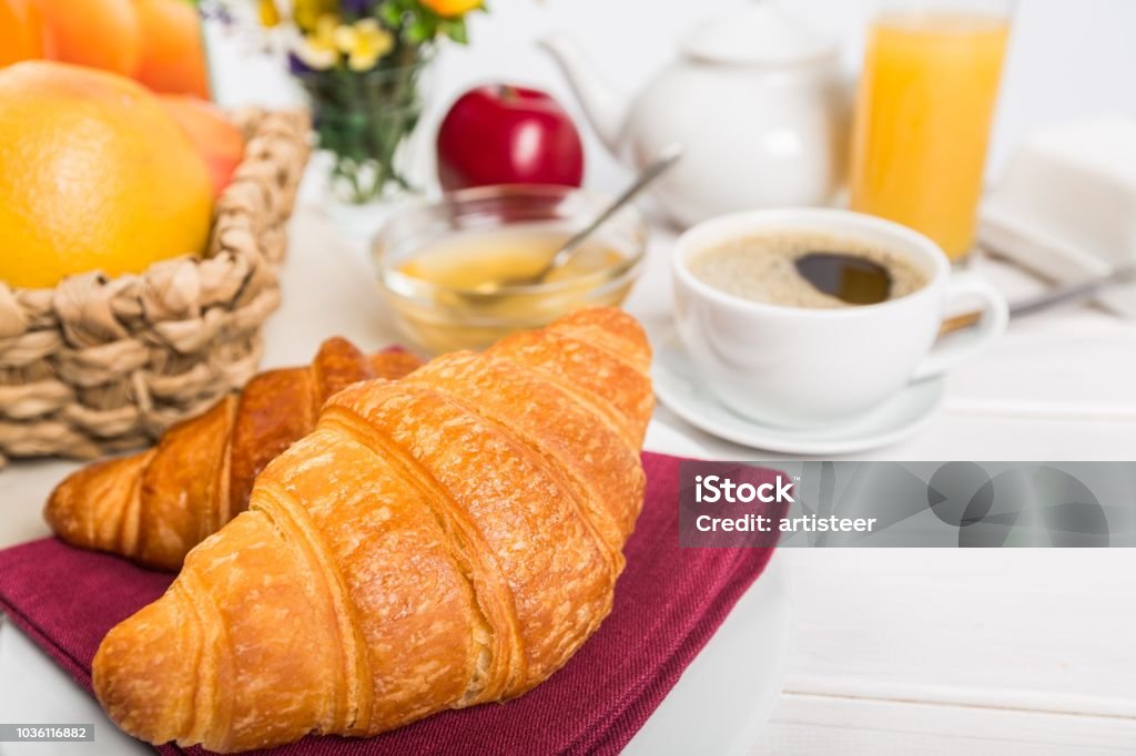 Breakfast. Breakfast coffee croissant continental breakfast milk orange cup Continental Breakfast Stock Photo