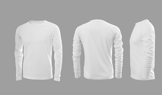 Blanco de la camiseta de los hombres con camisas de manga largas en vista posterior y lateral photo
