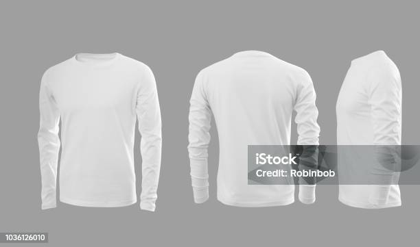 White Mens Sweatshirt With Long Sleeves In Rear And Side Views Stock Photo - Download Image Now