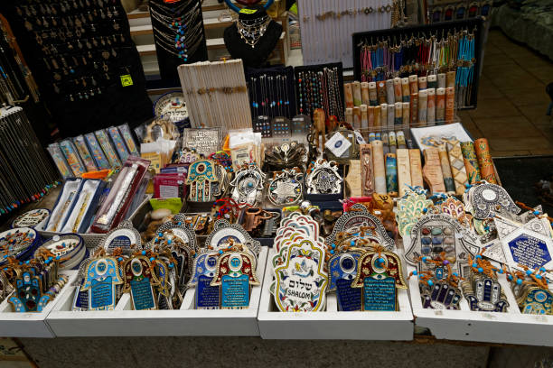 Judaica at the market, Hamsa luck charms, some with blessing inscription