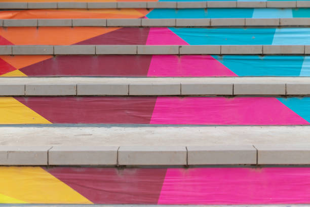 front view of Stair with steps painted in abstract colorful. stock photo