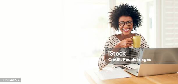 Nothing Like A Cup Of Comfort To Start The Day Stock Photo - Download Image Now - People, Happiness, Laptop