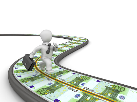 Winding 3D Road and Business Character Running on Euro Bills - White Background - 3D Rendering