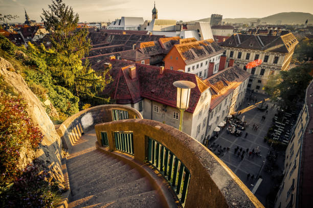 Steps on Uhrturm in Graz and view of the city stock photo