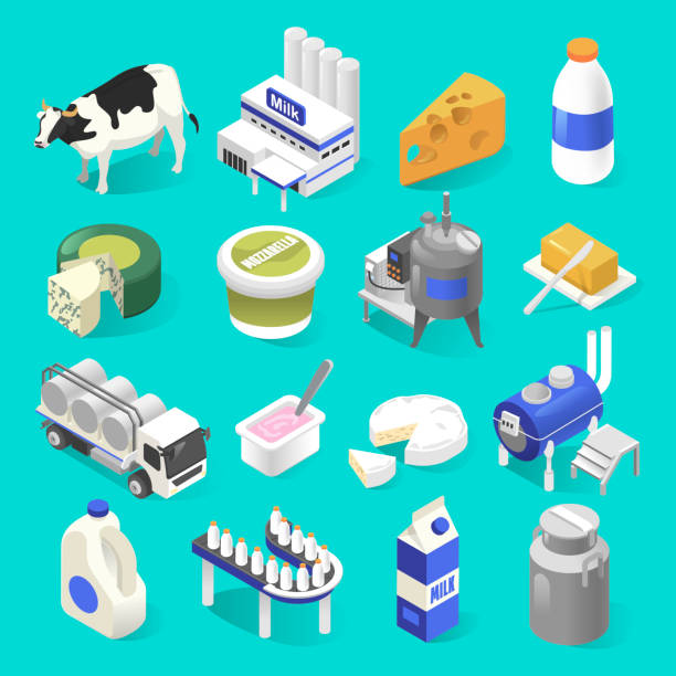 milchprodukten werkseitig isometrische auf blau - milk industry milk bottle factory stock-grafiken, -clipart, -cartoons und -symbole