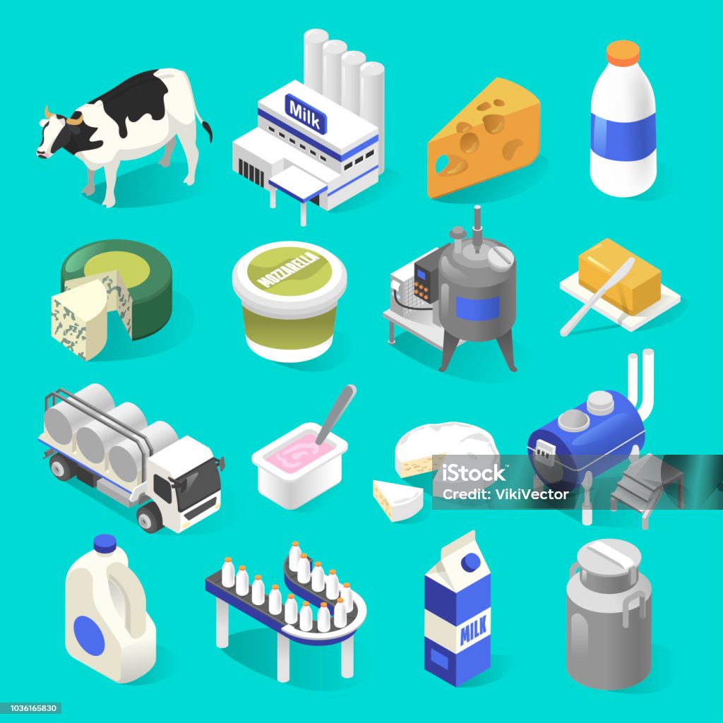 Dairy products factory isometric set on blue Dairy products factory. Yogurt, cheese, and butter production, foods and drinks that are created from cow milk, farm industry and business Isometric Projection stock vector