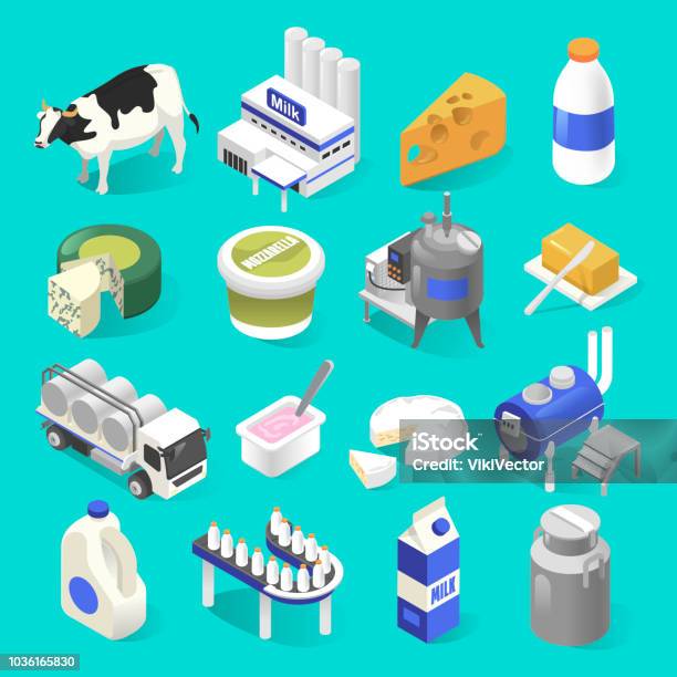 Dairy Products Factory Isometric Set On Blue Stock Illustration - Download Image Now - Isometric Projection, Milk, Dairy Farm